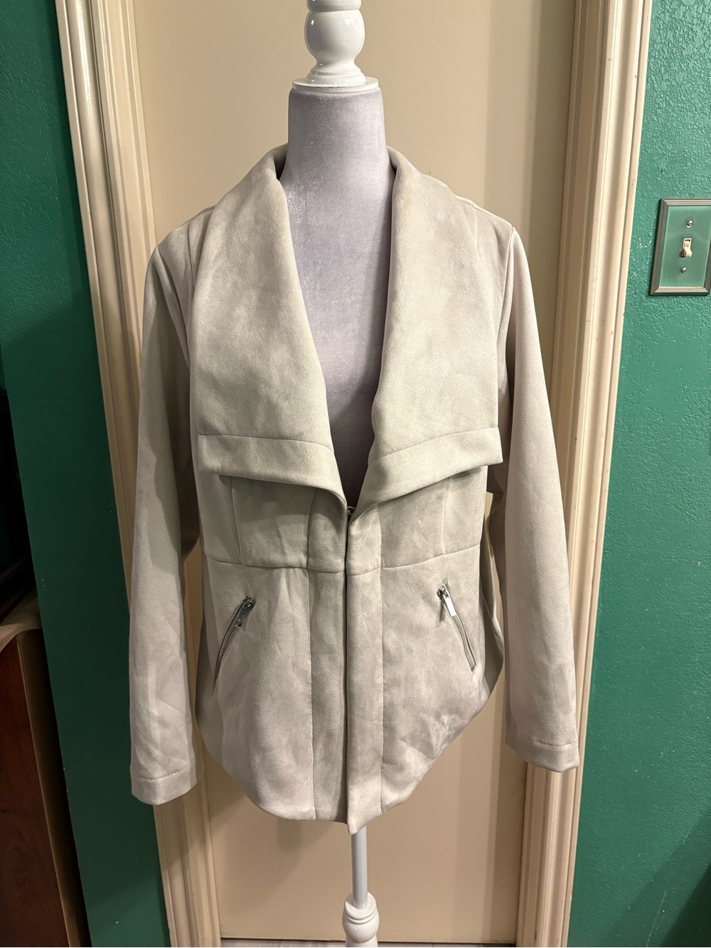 torrid Light Gray Draped Open-Front Jacket with 2 Front Hook Closure
